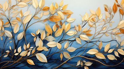 Abstract floral organic plant watercolor painting drawing leaf illustration wallpaper background - Blue orange leaves with golden lines details, Generative AI
