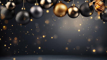 Christmas celebration decoration holiday banner template greeting card - Group of hanging gold black baubles ornaments and bokeh lights, black background, Generative AI