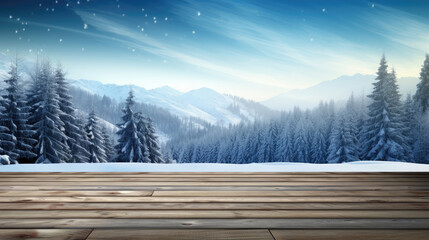 Winter holiday Christmas xmas background banner greeting card - Empty old wooden table with blue sky, forest landscape and snowflakes in background, Generative AI