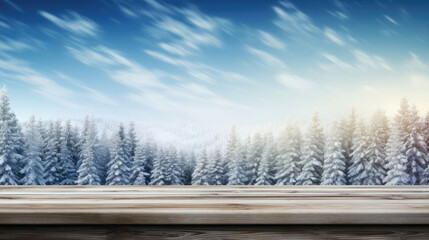 Winter holiday Christmas xmas background banner greeting card - Empty old wooden table with blue sky, forest landscape and snowflakes in background, Generative AI