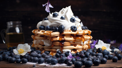 Wall Mural - Dark food photography background - Tasty stack of waffles with fresh blueberry fruits and cream honey topping on table, Generative AI