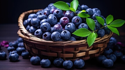 Wall Mural - Food photography - Summer fruits blueberry background - Closeup of ripe blueberries and leaves in a wooden basket on dark table, Generative AI