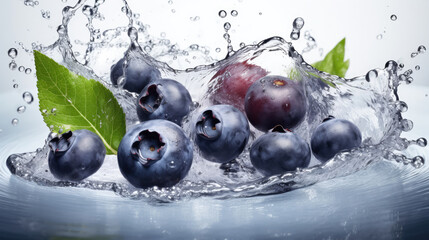 Wall Mural - Food photography - Summer fruits blueberry background - Closeup of ripe blueberries and leaves with water splashes and drops, isolated on white table background, Generative AI