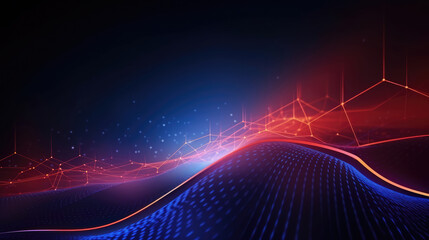 Wall Mural - Texture of abstract future technology lines with dots connection mesh background banner illustration 3d - Connection digital data and big data concept. Digital datail dark blue red, Generative AI