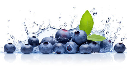 Wall Mural - Food photography - Summer fruits blueberry background - Illustration of ripe blueberries and leaves with water splashes and drops, isolated on white table background, Generative AI