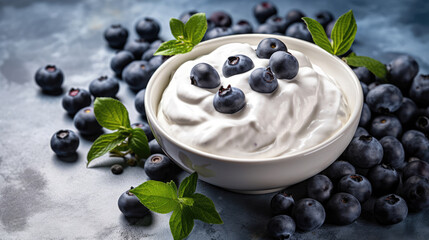 Wall Mural - Breakfast dessert food photography - Summer fruits blueberry background - Closeup of ripe blueberries with yoghurt cream and leaves in a bowl on concrete table, Generative AI