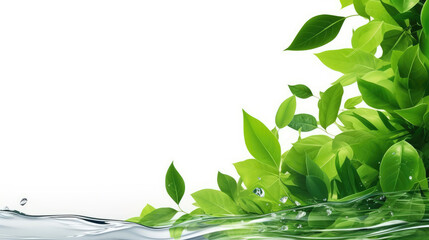 Wall Mural - Green organic floating water waves with fresh plant leaves, isolated on white background banner, Generative AI