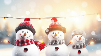 Wall Mural - Winter holiday christmas background banner - Closeup of cute funny laughing snowman with wool hat and scarf, on snowy snow snowscape with bokeh lights, illuminated by the sun, Generative AI