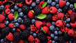 © Fang - Creative food summer berry fruit banner panorama wallpaper, seamless pattern texture - Top view of many fresh berries blueberries, raspberries, blackberries, strawberries and leaves, Generative AI