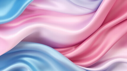 Wall Mural - Soft pastel pink blue shiny satin silk swirl wave background banner panorama long - Abstract textile fabric material, backdrop texture for product display or text, Generative AI