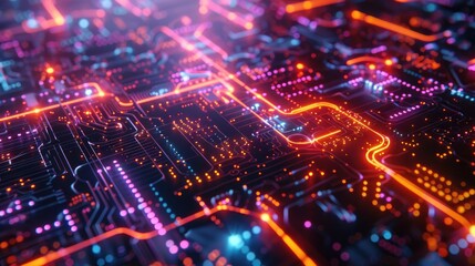 Abstract futuristic circuit board with glowing neon lines and nodes.