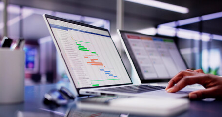 Poster - African American woman using laptop to manage multiple tasks and projects
