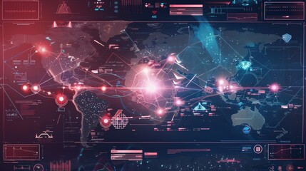 A computer screen shows a map of the world with many lines and dots. The map is filled with red and blue colors, and it looks like a futuristic world. Scene is futuristic and technological