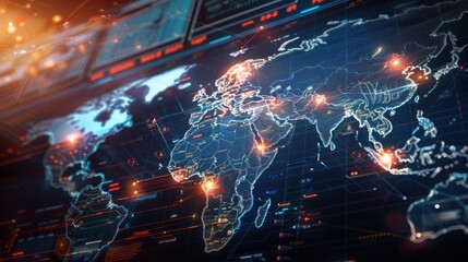 Leinwandbilder - A computer screen shows a map of the world with many dots on it. The dots represent various locations and the map is in blue. Scene is futuristic and technological