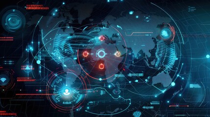 Aufkleber - A computer screen shows a map of the world with many different icons and symbols. Scene is futuristic and technological, with a focus on the interconnectedness of the world through the internet