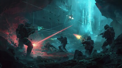 Poster - A group of soldiers are fighting in a post apocalyptic world. The soldiers are armed with guns and are in the middle of a battle. Scene is intense and chaotic