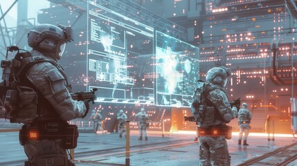 Fototapete - Two soldiers are standing in front of a computer screen, looking at the image. The soldiers are wearing camouflage and appear to be in a futuristic setting. Scene is tense and focused