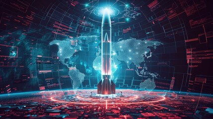 Poster - A rocket is in the center of a computer screen with a globe and a city in the background. Concept of futuristic technology and space exploration