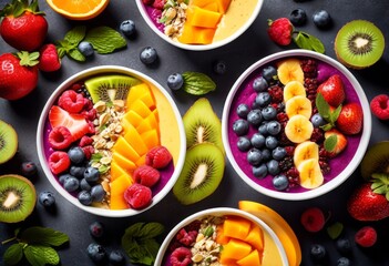 Wall Mural - vibrant smoothie bowls bursting fresh fruits healthy breakfast concept, colorful, nutrition, delicious, organic, tasty, appetizing, wellness, fruity