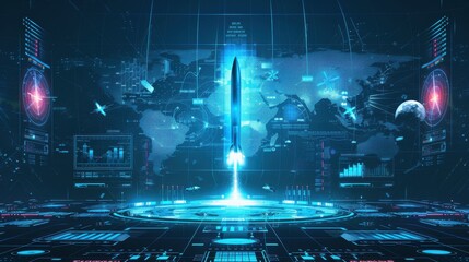 Fototapete - A computer screen shows a rocket launching into space. The image is a representation of a futuristic world with advanced technology. The rocket is the main focus of the image