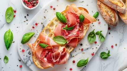 Sticker - Board with ham basil and crostini on marble surface