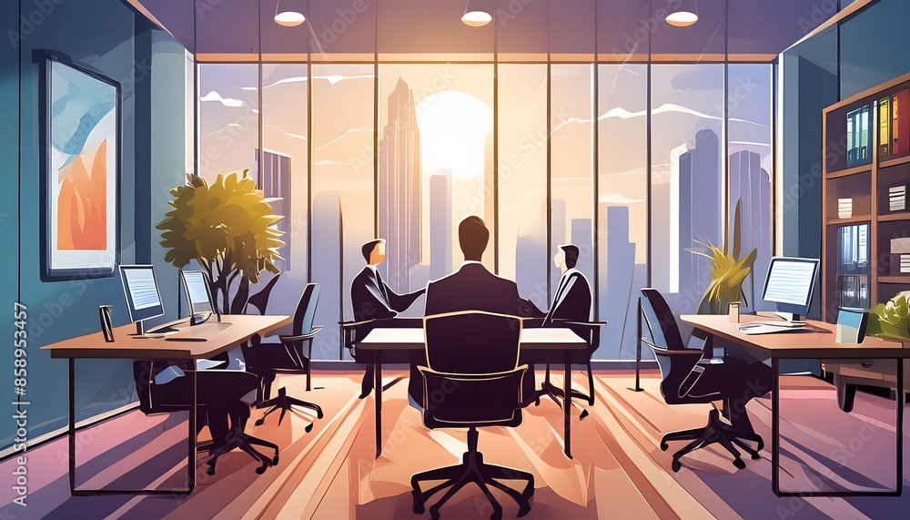 job interview in office room with cityscape view and sunset background ...