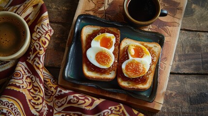 Wall Mural - Two pieces of toast with eggs and jam on top, sitting on a wooden table. A cup of coffee is also present. Concept of comfort and warmth, as it features a simple yet satisfying breakfast meal