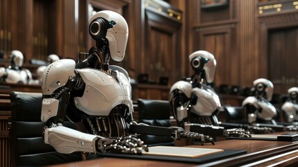 Aufkleber - A group of robots are sitting at a desk in a room. The robots are all white and appear to be in a courtroom setting