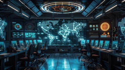 Poster - A computer room with a large monitor showing a map of the world. There are several computer monitors and chairs in the room