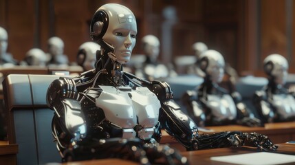 Wall Mural - A robot is sitting at a desk in front of a group of other robots. The robot is wearing a suit and he is in a position of authority