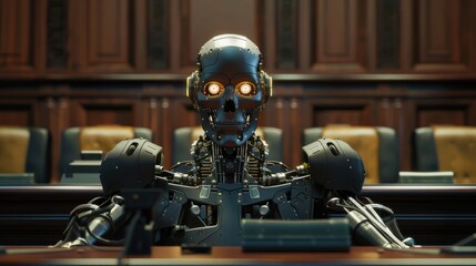 Fototapete - A robot is sitting at a desk in a room with a skull on its head. The robot is wearing a suit and he is in a courtroom setting