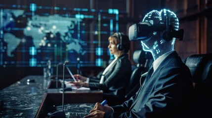 Fototapete - A man in a suit is wearing a virtual reality headset and sitting at a desk. A woman is sitting behind him. The scene is set in a boardroom with a large screen displaying a map