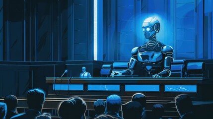Aufkleber - A robot is sitting at a desk in front of a crowd of people. The robot is wearing a blue suit and has a blue face