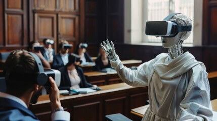 Aufkleber - A robot is standing in front of a group of people wearing virtual reality goggles. The robot is pointing to something, and the people are watching it. The scene is set in a classroom