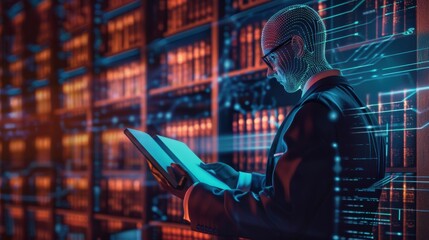 Fototapete - A man in a suit is reading a book in a library. The book is open to a page with a blue cover. The man is wearing glasses and he is focused on the text. The library is filled with bookshelves
