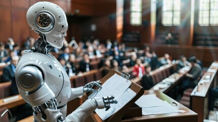 Aufkleber - A robot is standing in front of a crowd of people, reading from a book. The robot is white and has a robotic appearance. The crowd of people are seated in rows, with some standing in the back