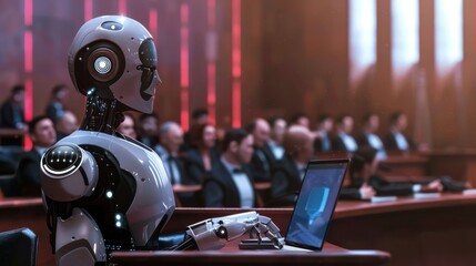 Aufkleber - A robot is sitting at a desk in front of a laptop. The robot is wearing a suit and he is working. The room is filled with people, some of whom are sitting in chairs and others standing