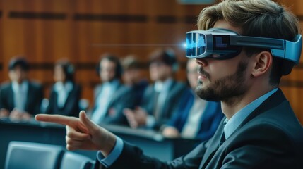 Aufkleber - A man in a suit is pointing to something in a virtual reality headset. The scene is set in a conference room with several other people in suits