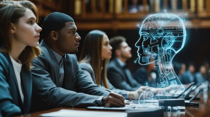 Aufkleber - A group of people are sitting at a table looking at a computer screen with a head on it