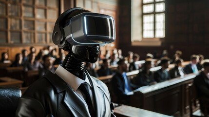 Aufkleber - A robot wearing a suit and tie stands in front of a crowd of people. The robot is wearing a virtual reality headset, which suggests that it is a futuristic robot