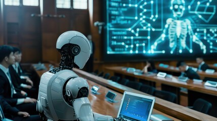 Aufkleber - A robot is sitting at a desk in front of a computer screen. The robot is wearing a white helmet and is looking at the screen. There are several people in the background, some of whom are wearing ties