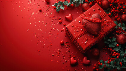 Poster - Red Gift Box with Ribbon and Bow on a Red Background extreme closeup. Generative AI