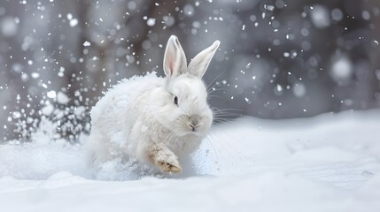 Wall Mural - white funny fluffy rabbit in the snow. 