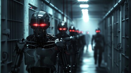 Wall Mural - A group of robots are walking down a hallway. The robots are all black and have red eyes. The hallway is dark and the robots seem to be in a prison or jail