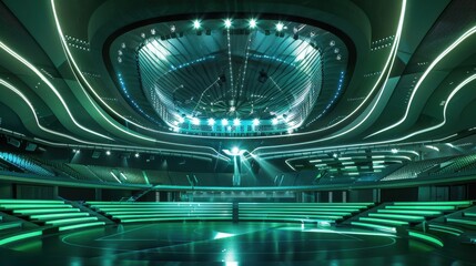 Poster - A large stadium with a green color theme. The stadium is empty and has a bright, lively atmosphere