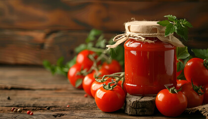 Wall Mural - Jar of tasty ketchup and tomatoes on wooden table, closeup