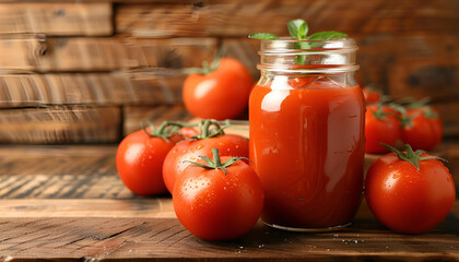 Wall Mural - Jar of tasty ketchup and tomatoes on wooden table, closeup
