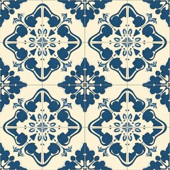 Leinwandbilder - This image features a seamless tile pattern with a repeating design. The pattern consists of blue and white floral motifs on a cream background. The intricate detail of the design adds a touch of eleg