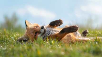 Wall Mural - A small fox is laying on the grass, looking up at the sky