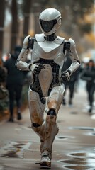 Aufkleber - A robot is running down a street with people walking behind it. The robot is wearing a white helmet and has a black face. The scene is set in a city, with people walking on the sidewalk